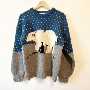Vintage Shetland Wool Polar Bear Crew Neck Sweater Blue Grey Cream Unisex - L